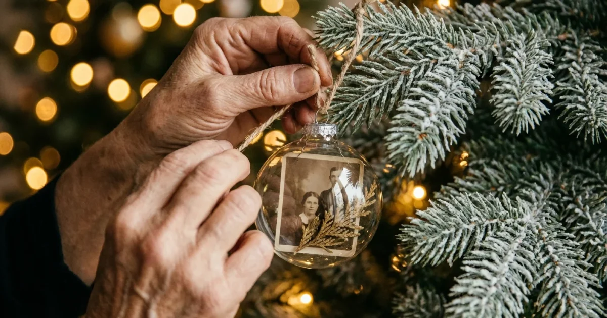 Close-up of hands hanging a custom photo ornament on a Christmas tree with soft golden lighting.