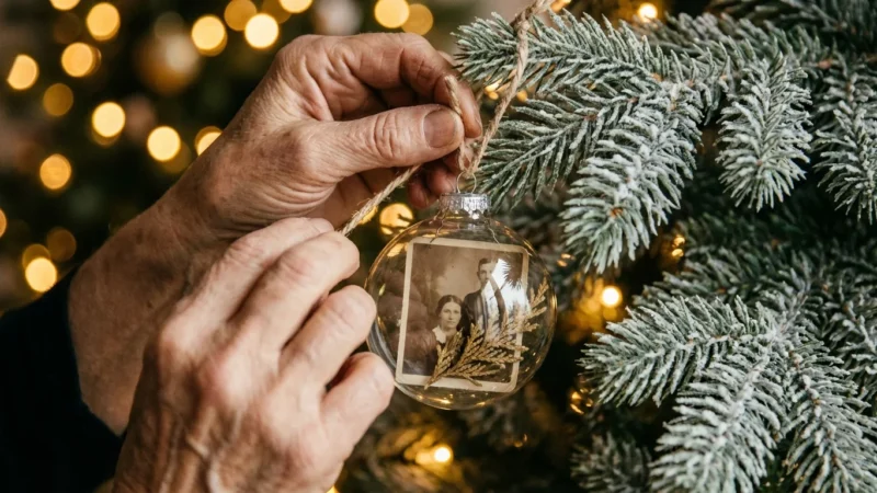 Close-up of hands hanging a custom photo ornament on a Christmas tree with soft golden lighting.