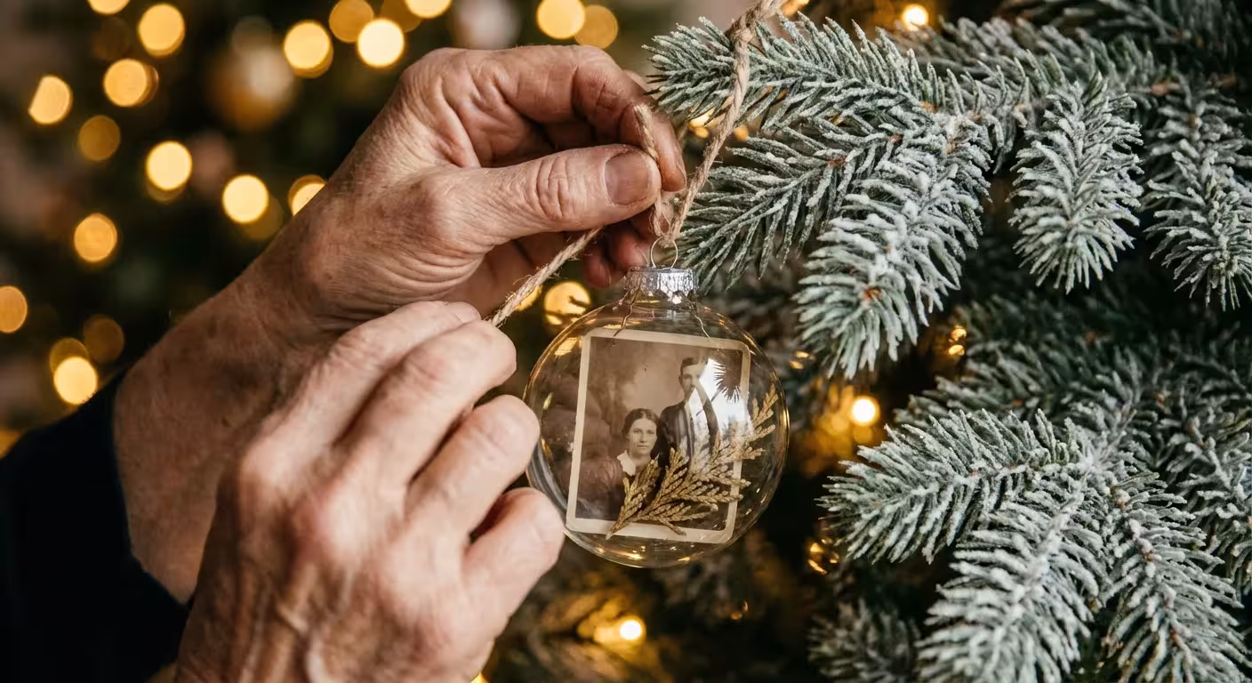 Close-up of hands hanging a custom photo ornament on a Christmas tree with soft golden lighting.