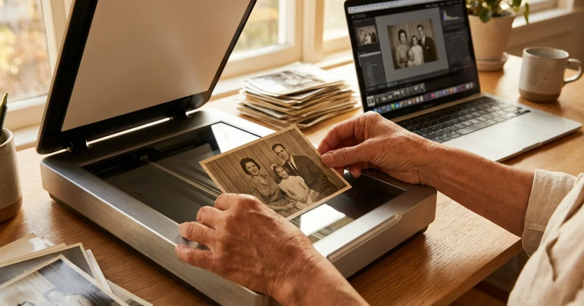 A person preparing to scan a vintage family photo on a modern flatbed scanner in a sunlit home office.