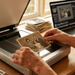 A person preparing to scan a vintage family photo on a modern flatbed scanner in a sunlit home office.
