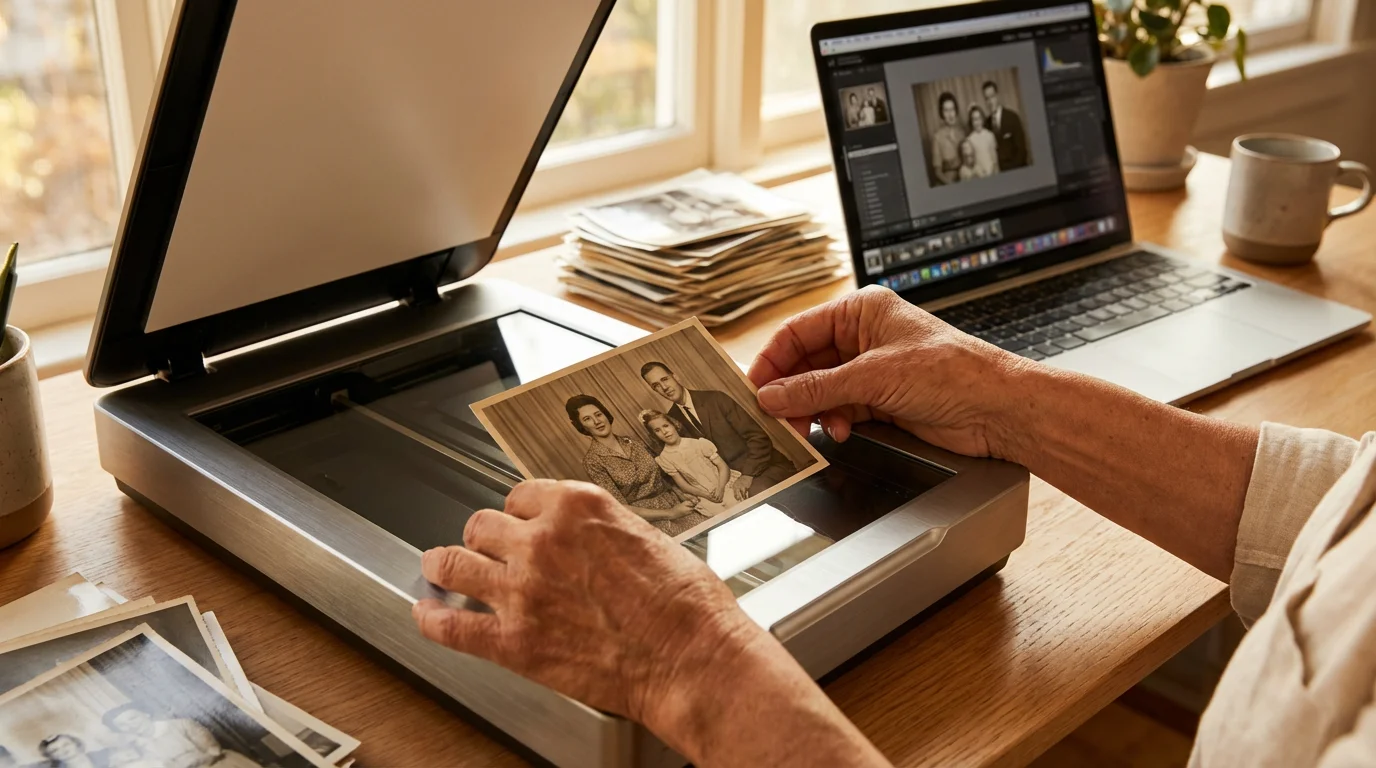 A person preparing to scan a vintage family photo on a modern flatbed scanner in a sunlit home office.