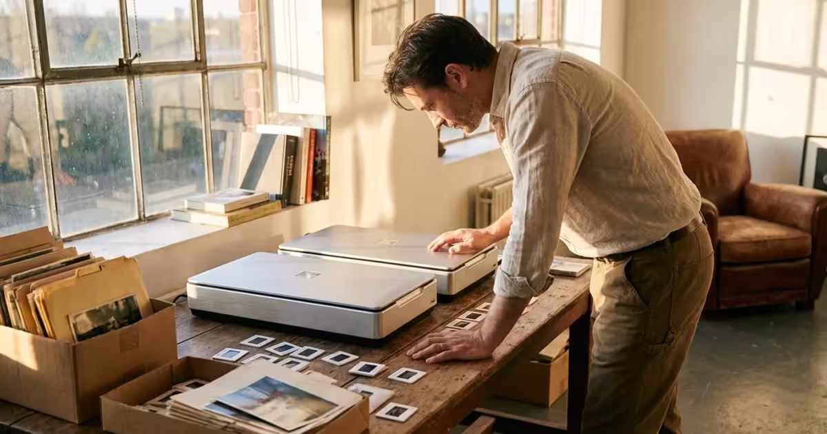 A professional photographer at a wooden desk comparing two high-end photo scanners surrounded by vintage film slides.