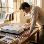 A professional photographer at a wooden desk comparing two high-end photo scanners surrounded by vintage film slides.
