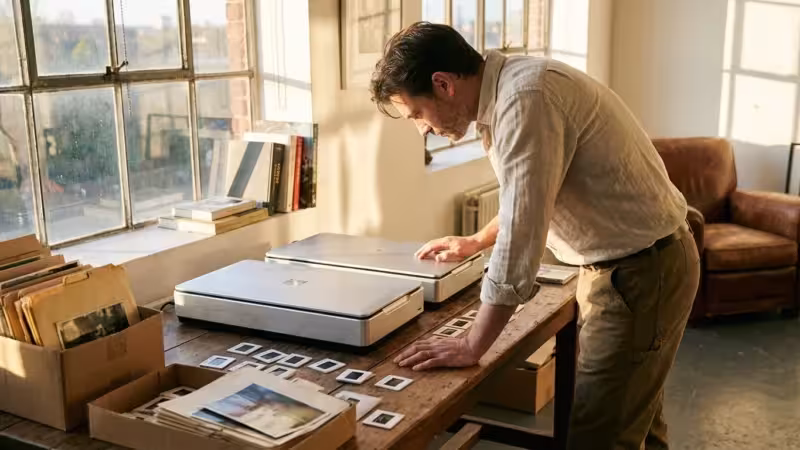 A professional photographer at a wooden desk comparing two high-end photo scanners surrounded by vintage film slides.