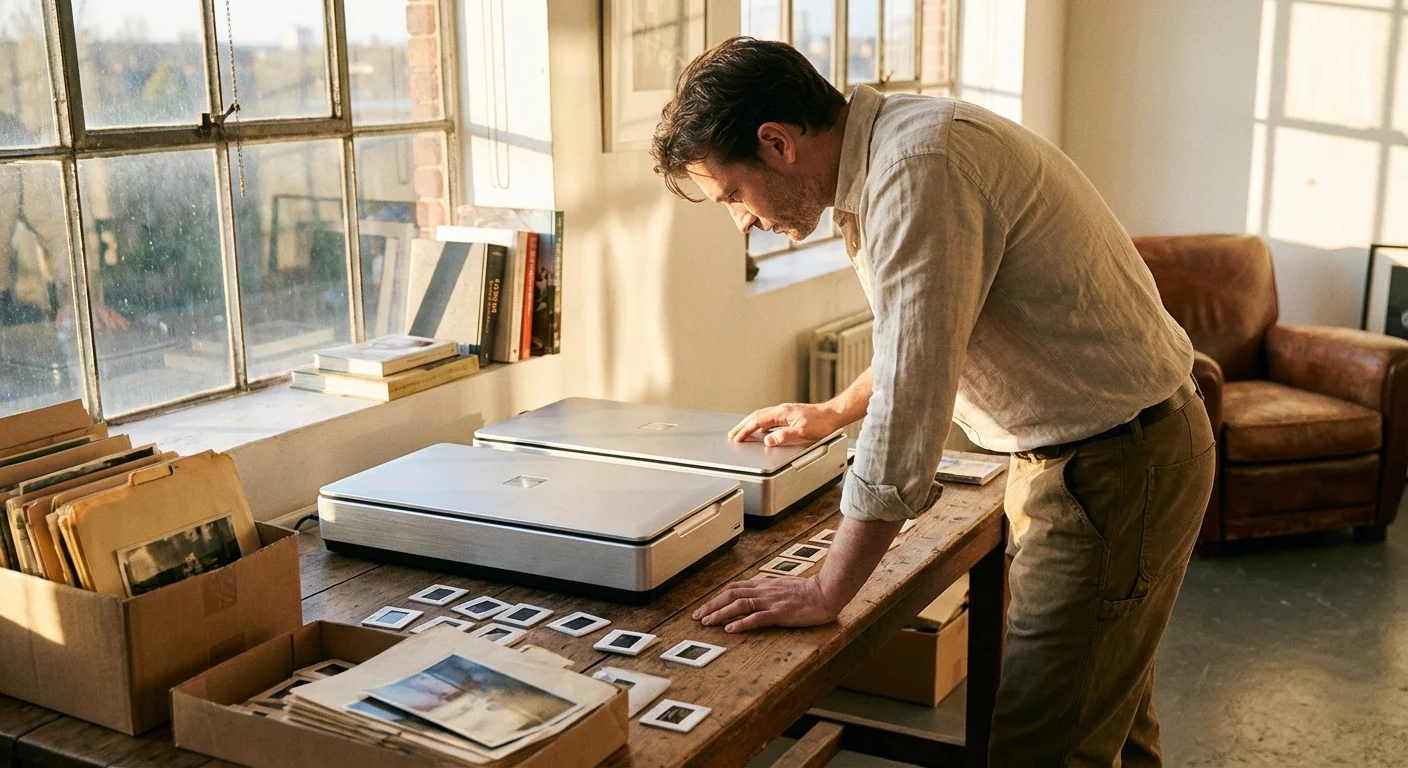 A professional photographer at a wooden desk comparing two high-end photo scanners surrounded by vintage film slides.