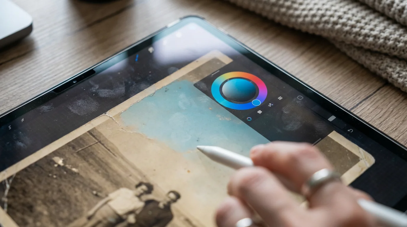 Extreme close-up of a stylus performing targeted color correction on a digital photo.