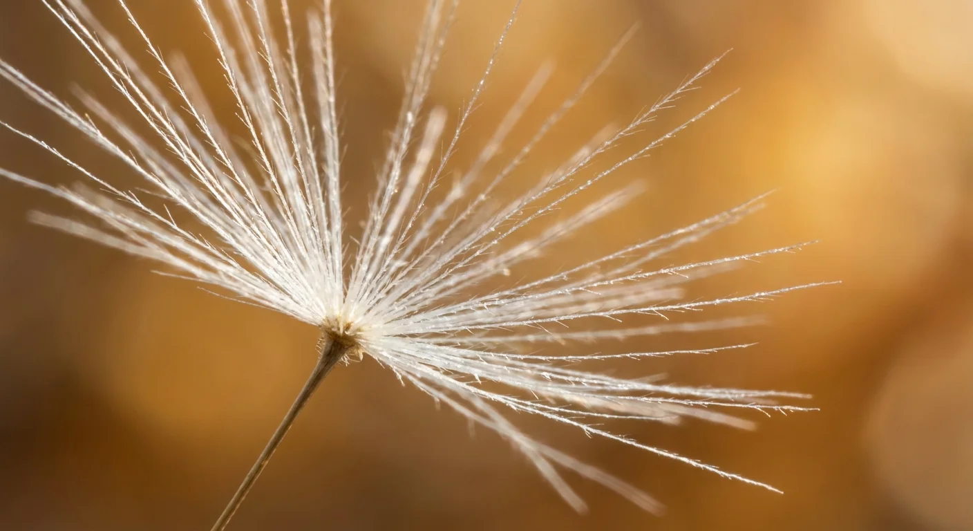 Extreme macro shot of a dandelion seed showing 1:1 magnification detail.