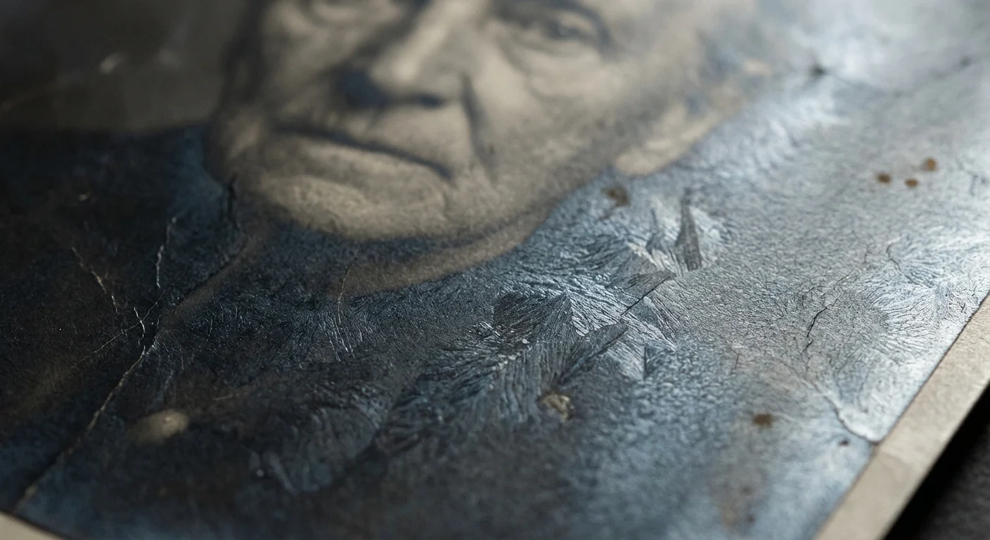 Extreme macro shot of metallic silvering on the dark areas of a vintage photograph.