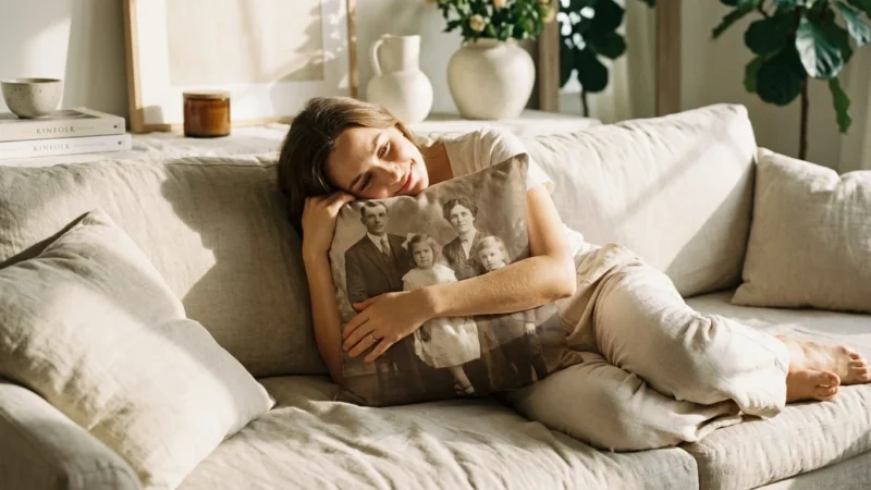 A woman hugging a custom photo pillow in a sunlit living room.