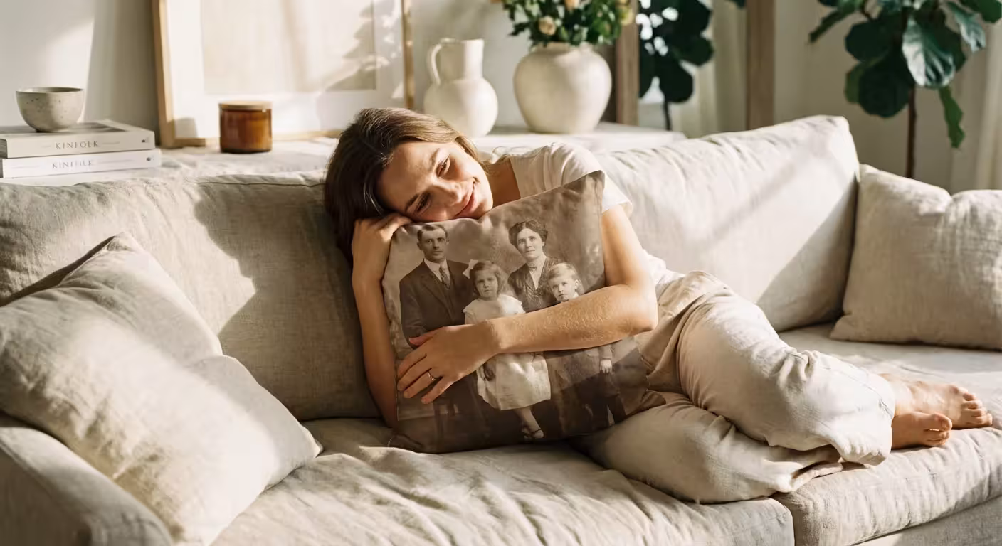 A woman hugging a custom photo pillow in a sunlit living room.
