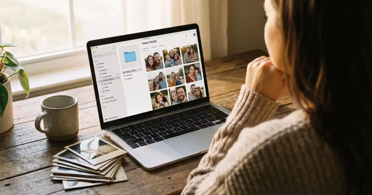 A woman organizing digital family photos on a laptop next to vintage prints on a sunny desk.