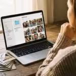 A woman organizing digital family photos on a laptop next to vintage prints on a sunny desk.