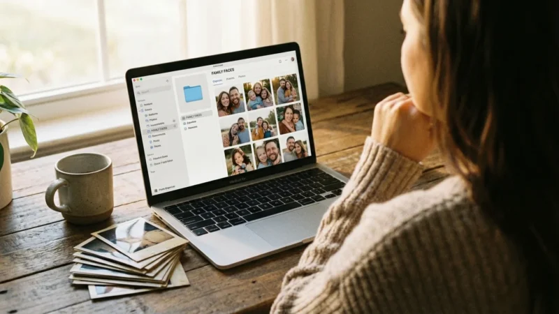 A woman organizing digital family photos on a laptop next to vintage prints on a sunny desk.