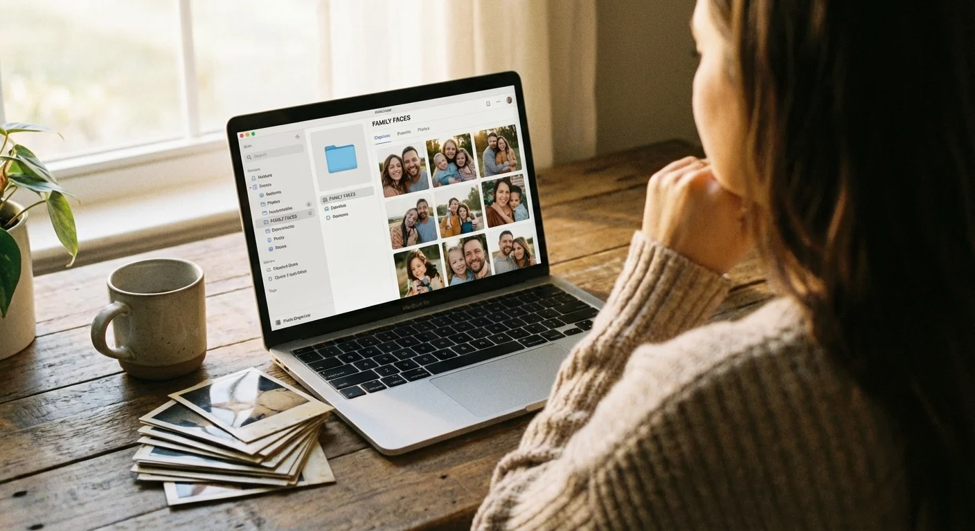 A woman organizing digital family photos on a laptop next to vintage prints on a sunny desk.