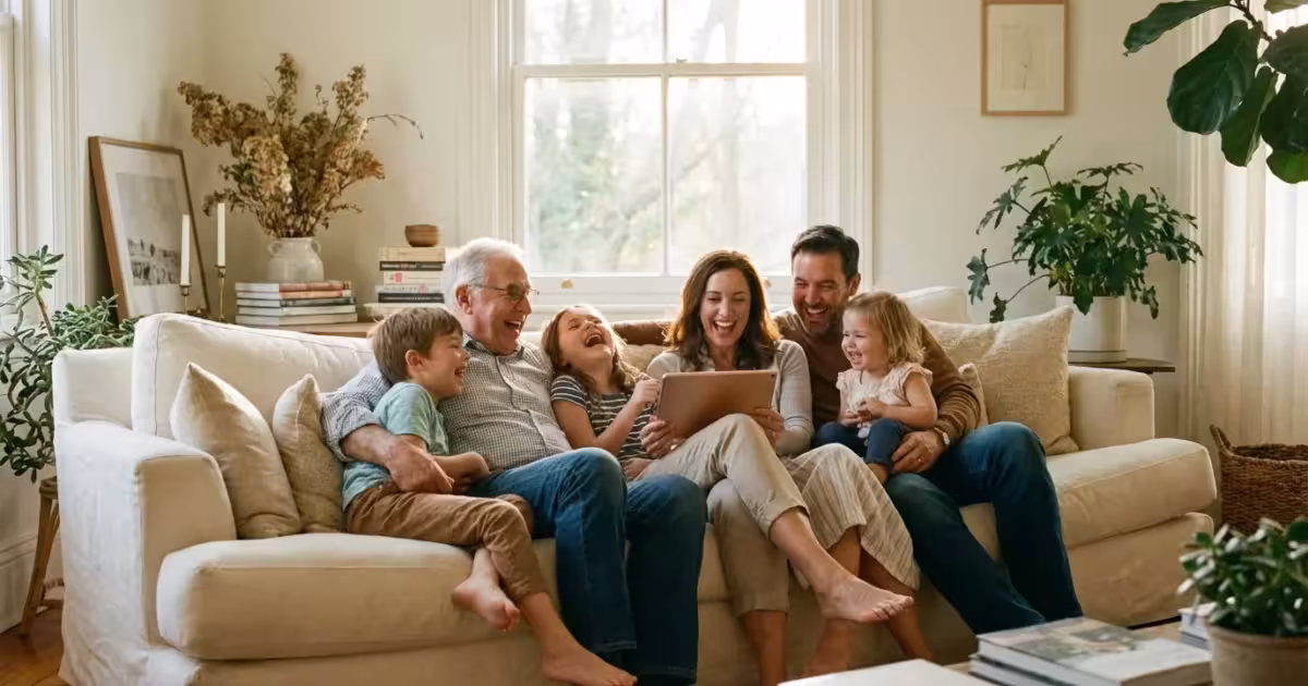 A happy multi-generational family looking at photos on a tablet together in a sunlit living room.