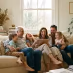 A happy multi-generational family looking at photos on a tablet together in a sunlit living room.