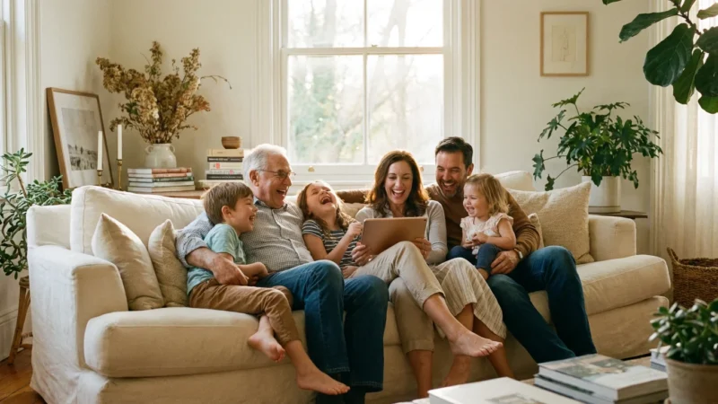 A happy multi-generational family looking at photos on a tablet together in a sunlit living room.