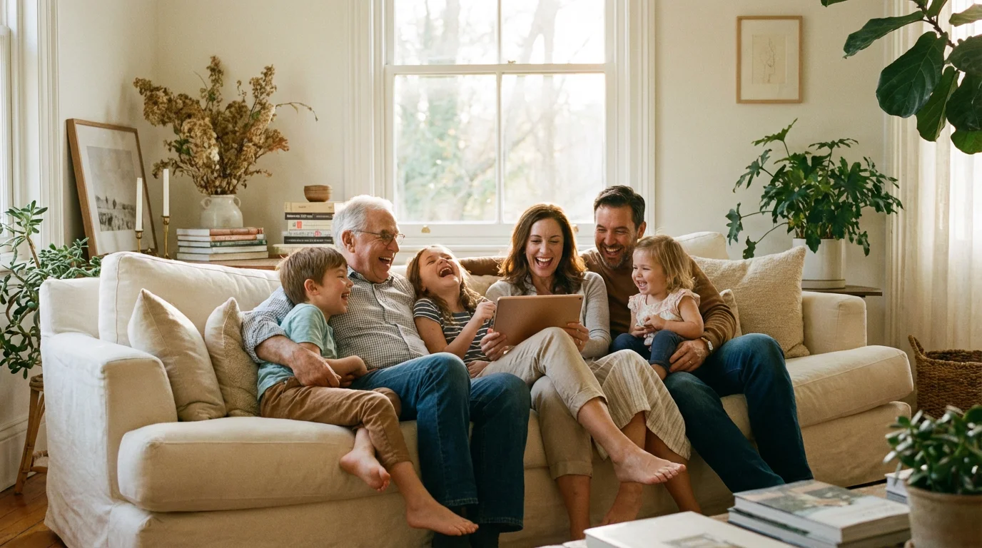 A happy multi-generational family looking at photos on a tablet together in a sunlit living room.