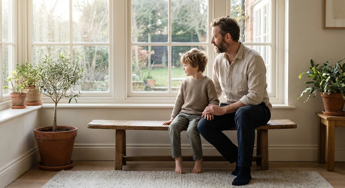 Father and son sitting in soft window light, showing natural skin tones.