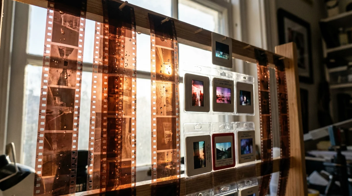 Film negatives and slides hanging to dry on a specialized rack.