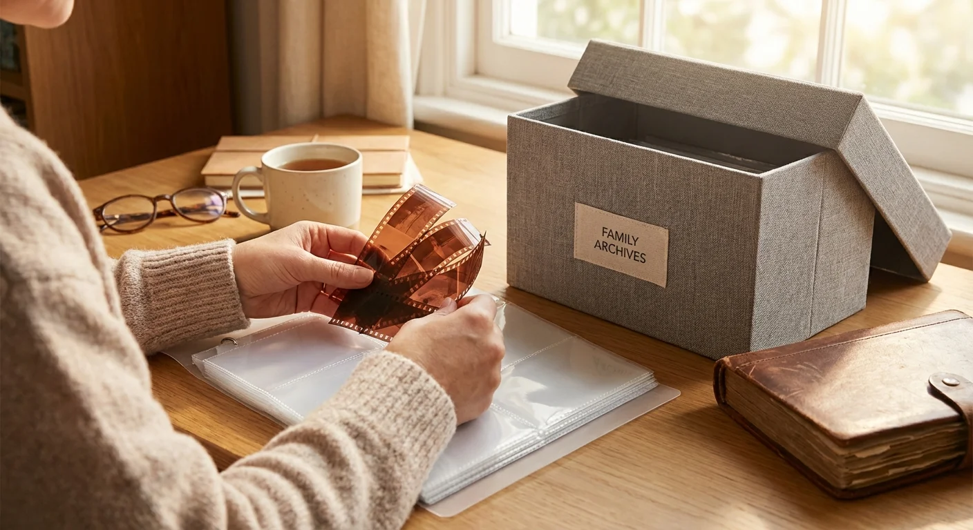 Film negatives being placed into clear archival sleeves for long-term storage.