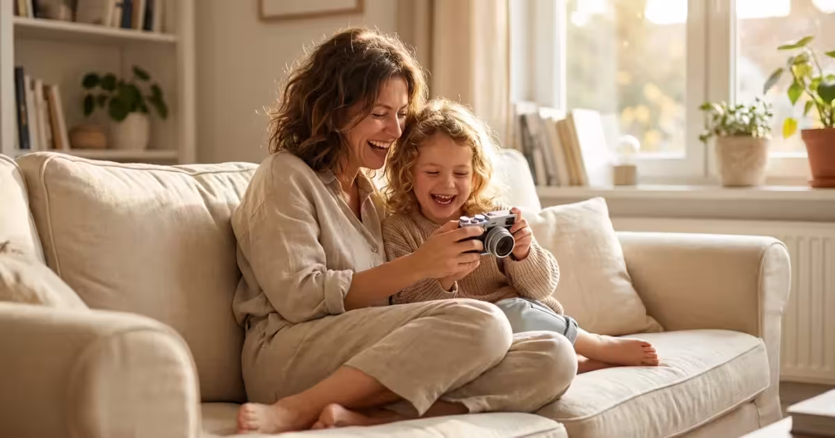 A mother and child looking at photos on a camera in a sunlit living room.