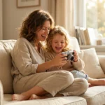 A mother and child looking at photos on a camera in a sunlit living room.