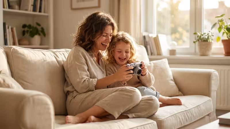 A mother and child looking at photos on a camera in a sunlit living room.