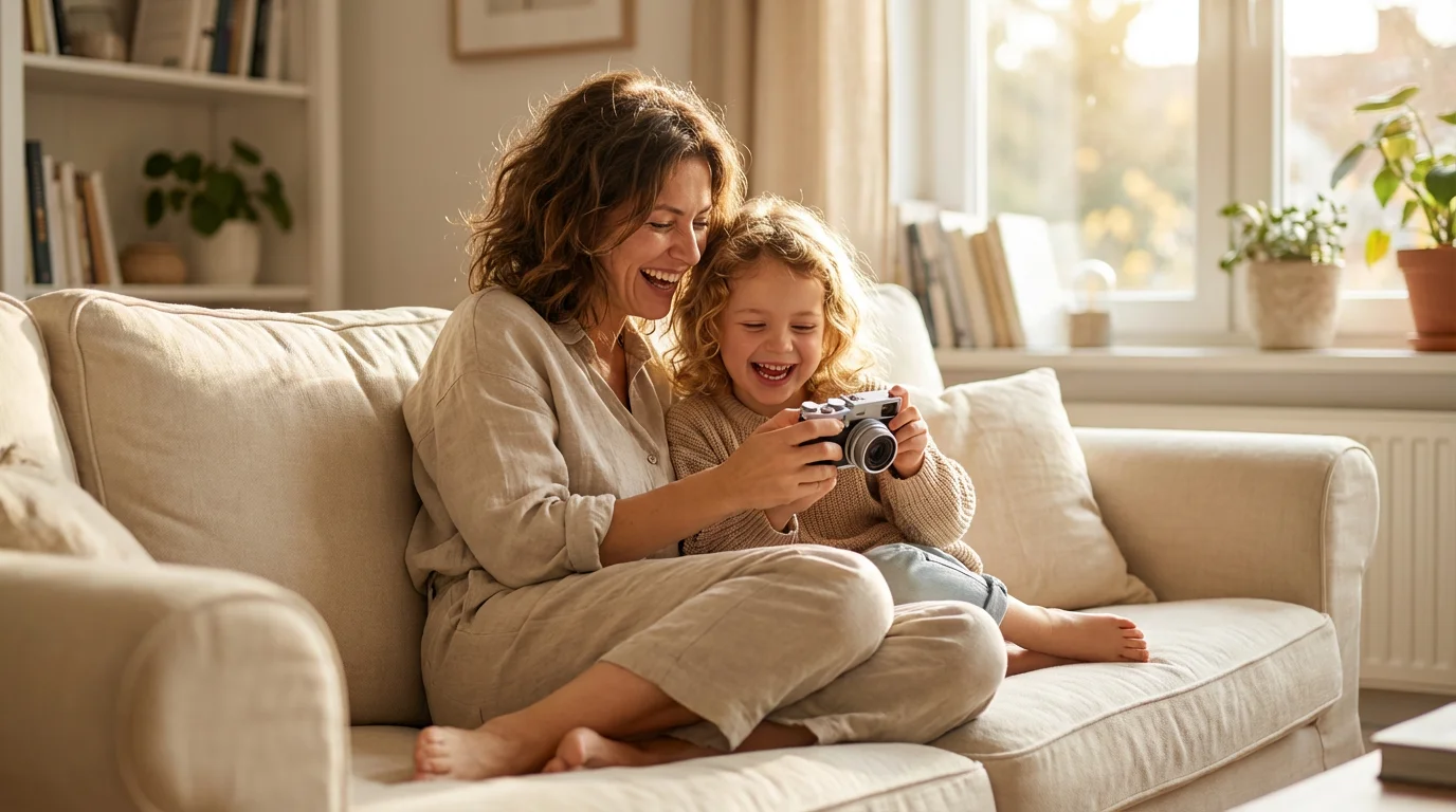 A mother and child looking at photos on a camera in a sunlit living room.