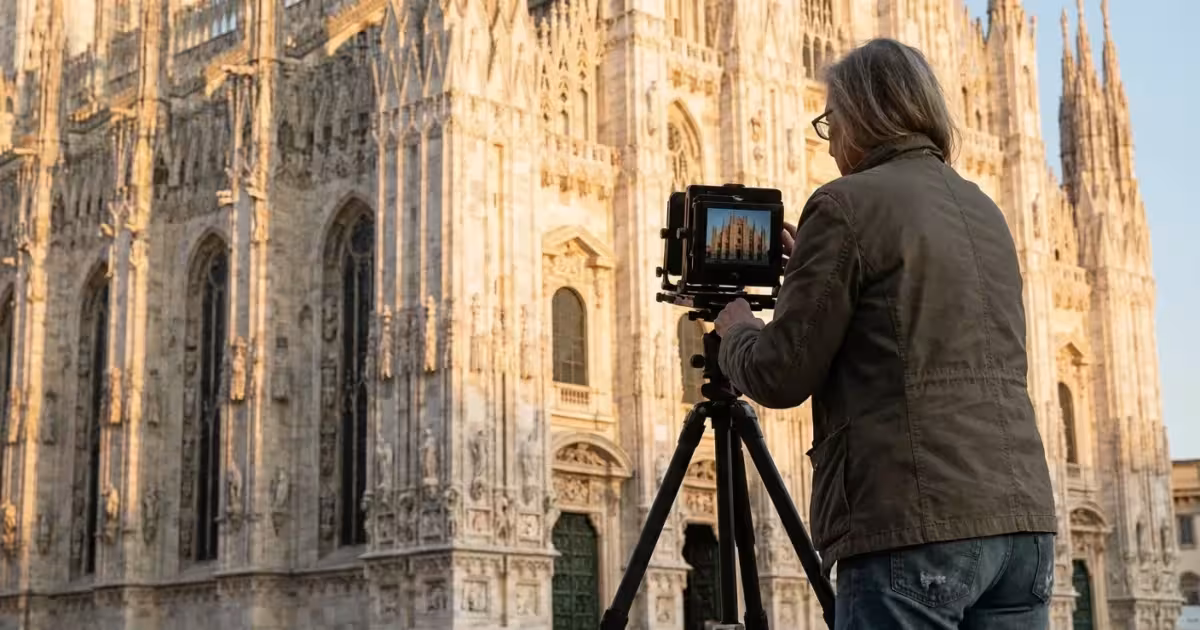 A photographer using a tripod to capture a perfectly aligned cathedral during golden hour.