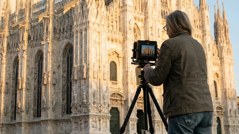 A photographer using a tripod to capture a perfectly aligned cathedral during golden hour.
