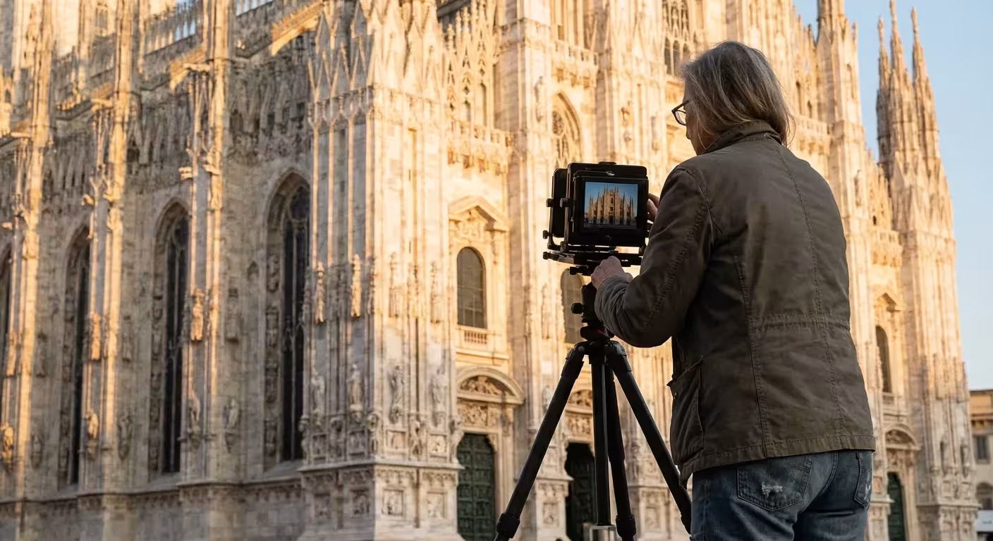 A photographer using a tripod to capture a perfectly aligned cathedral during golden hour.
