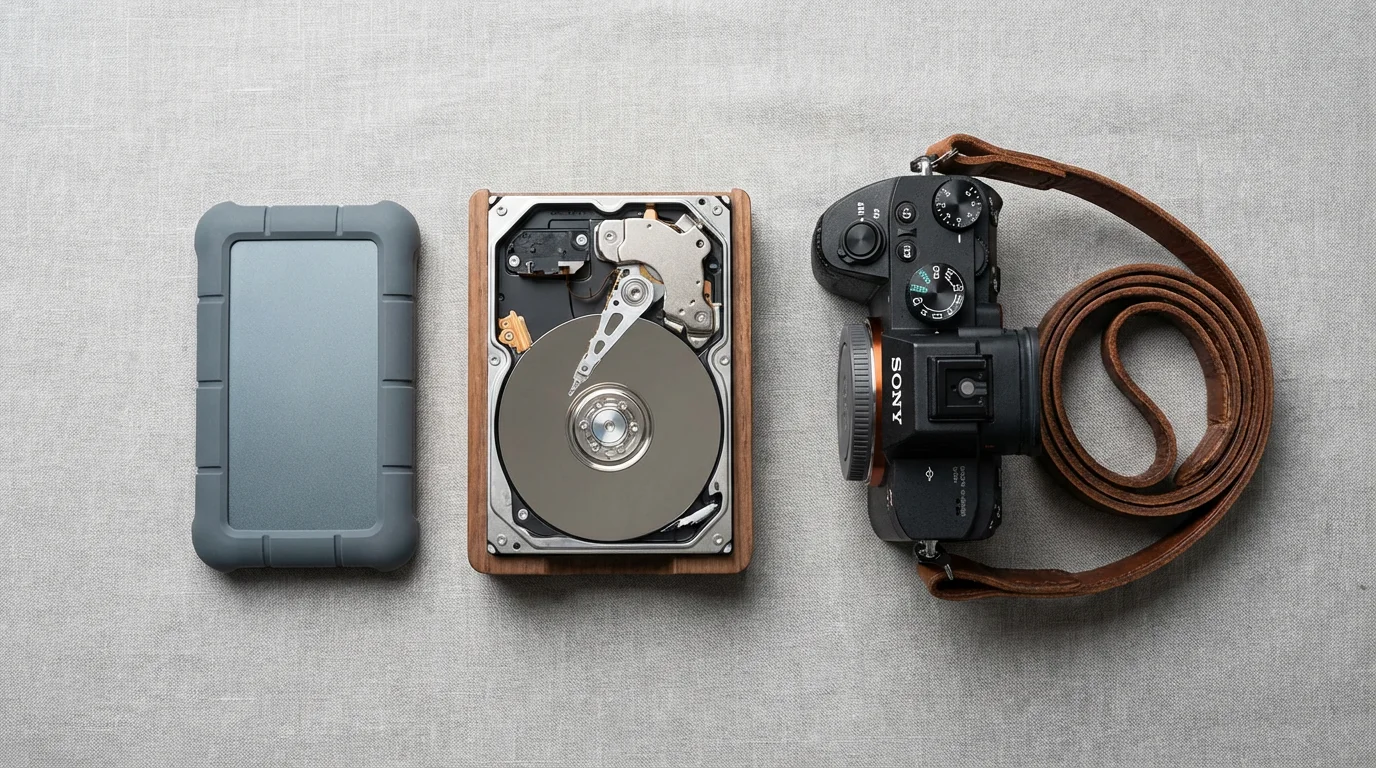 Flat lay of a portable SSD, a desktop hard drive, and a camera on a linen surface.