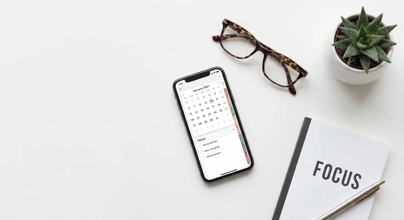 Flat lay of a smartphone, glasses, and a plant on a clean white desk.