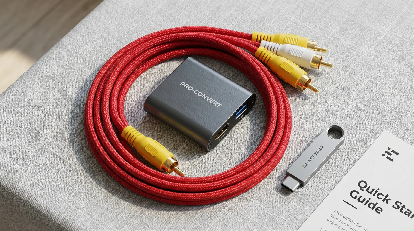 Flat lay of video capture hardware including RCA cables and a USB drive on a neutral background.