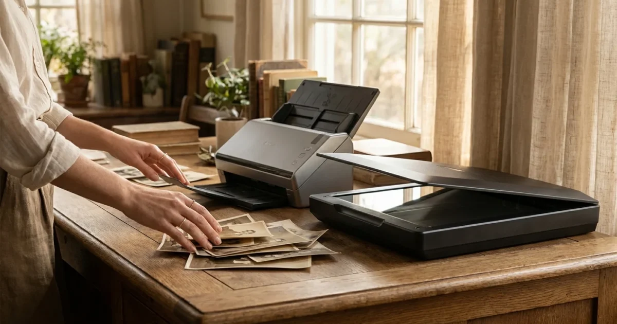 A person deciding between a sheet-fed and flatbed scanner for a pile of vintage family photographs on a wooden desk.