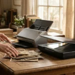 A person deciding between a sheet-fed and flatbed scanner for a pile of vintage family photographs on a wooden desk.