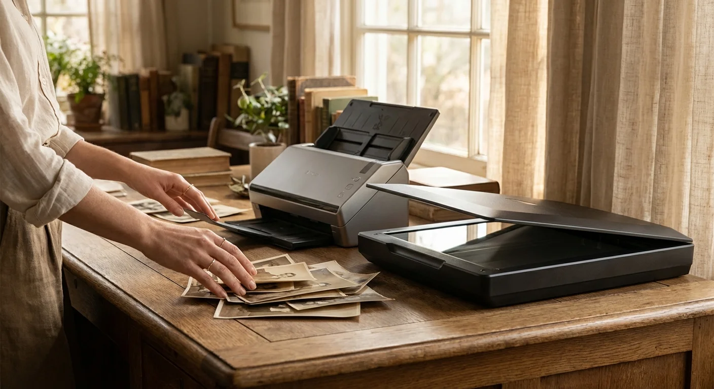 A person deciding between a sheet-fed and flatbed scanner for a pile of vintage family photographs on a wooden desk.