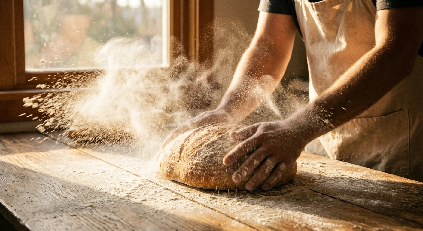 Flour dusting over bread dough in a warm, rustic kitchen, capturing movement.
