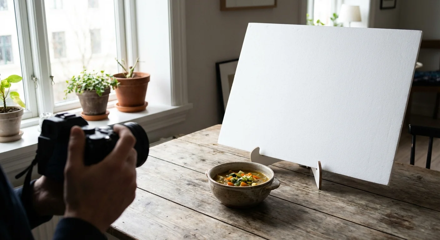 Food photography setup using natural window light and a white bounce card to soften shadows.