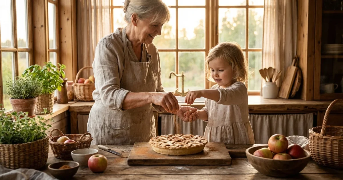 Grandmother and child garnishing an apple pie in a sunlit kitchen for a family cookbook.