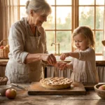 Grandmother and child garnishing an apple pie in a sunlit kitchen for a family cookbook.