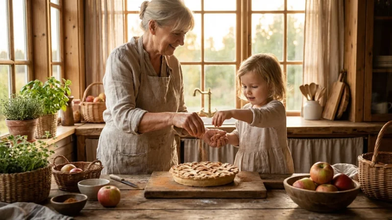 Grandmother and child garnishing an apple pie in a sunlit kitchen for a family cookbook.