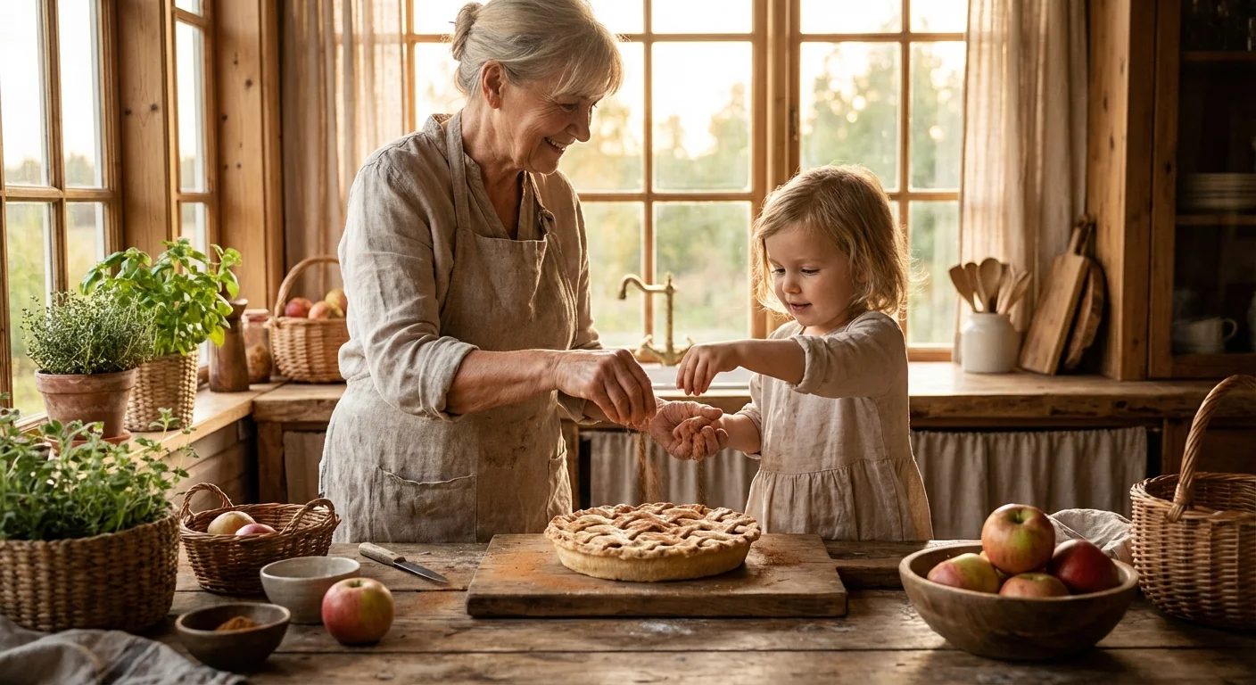 Grandmother and child garnishing an apple pie in a sunlit kitchen for a family cookbook.