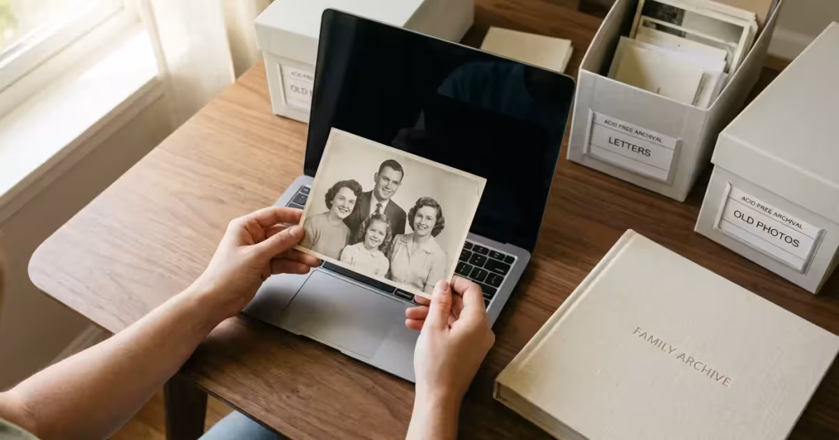 A person holding a vintage family photo over a laptop, symbolizing the transition from physical to digital archives.