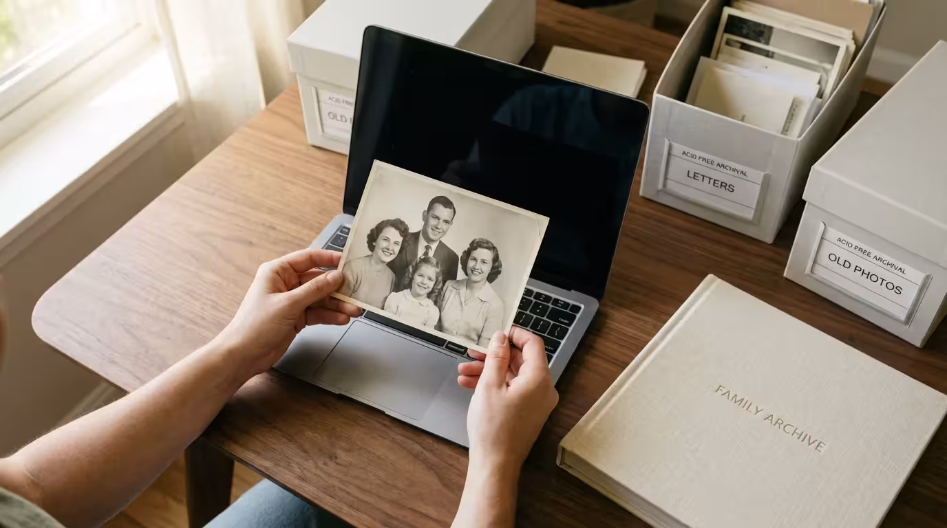 A person holding a vintage family photo over a laptop, symbolizing the transition from physical to digital archives.