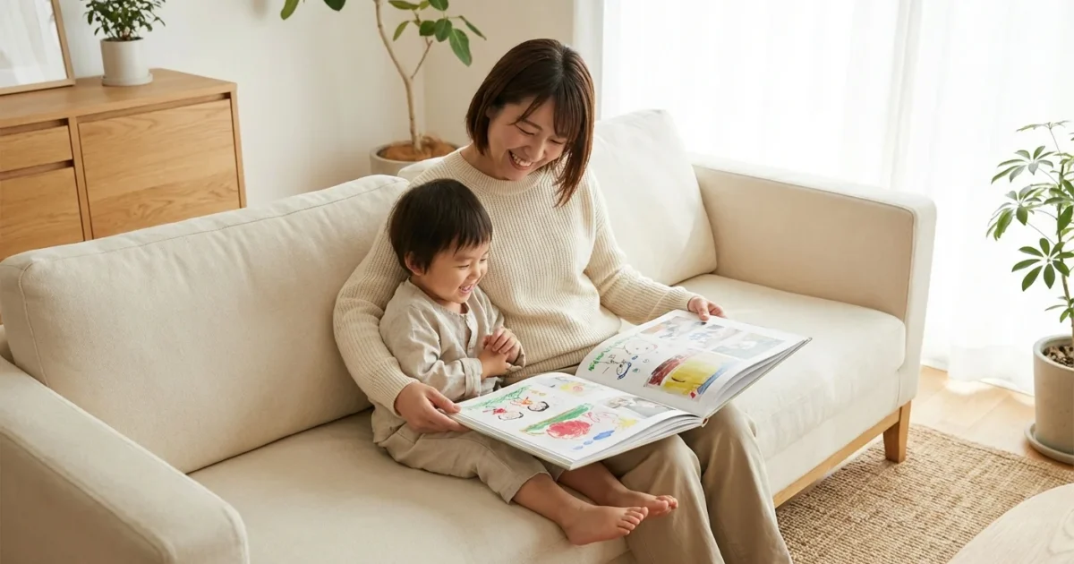 A mother and child look through a professional photo book of children's artwork in a sunlit, modern living room.