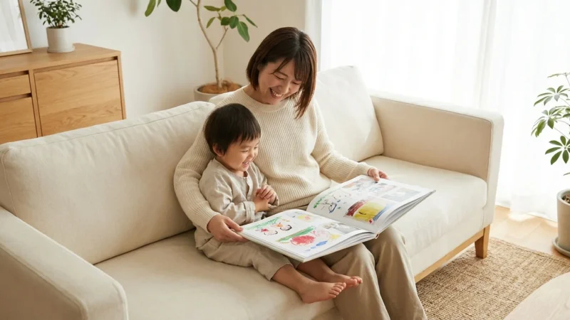 A mother and child look through a professional photo book of children's artwork in a sunlit, modern living room.