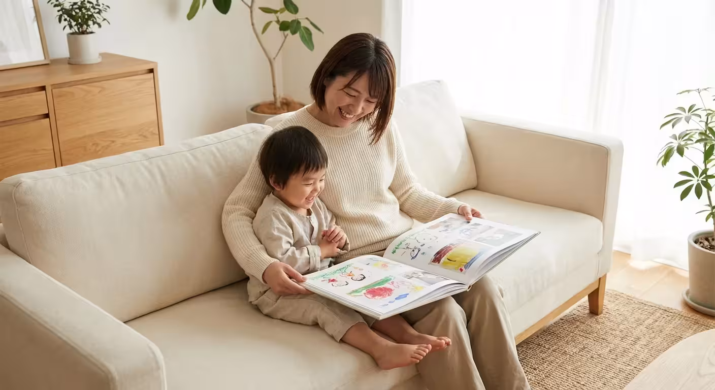 A mother and child look through a professional photo book of children's artwork in a sunlit, modern living room.